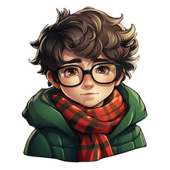 Cute boy with scarf and cap for winter season illustration isolated. Christmas theme.