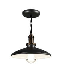 Dark lamp fixture with a wide industrial metal design. Vintage style hanged ceiling lamp