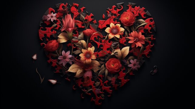 Love-themed puzzles coming together to reveal a heart-shaped image against a dark backdrop symbolize the fulfillment and completion of love on Valentine's Day with beautiful compositions.
