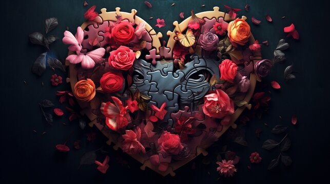 Love-themed puzzles coming together to reveal a heart-shaped image against a dark backdrop symbolize the fulfillment and completion of love on Valentine's Day with beautiful compositions.