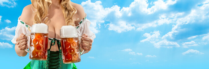 Midsummer woman waitress serving big beer mugs during beer party. Blonde girl celebrating...