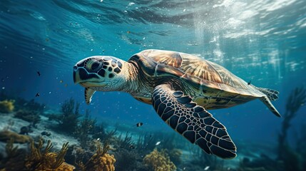 A lifelike snapshot of a sea turtle navigating through a polluted dirty plastic seascape