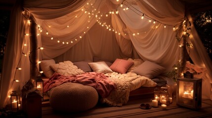 A cozy blanket fort with fairy lights, creating a whimsical space for a romantic movie night on Valentine's. - obrazy, fototapety, plakaty