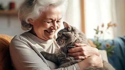 a older woman petting her cat for friend in house alone