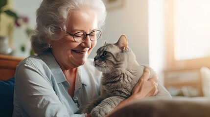 a older woman petting her cat for friend in house alone - obrazy, fototapety, plakaty