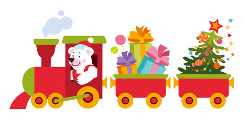 Funny white polar bear in Santa Claus costume riding Christmas train. Christmas toy locomotive carrying Christmas tree and presents. Winter holiday clip art for holiday cards, tags and greeting card.
