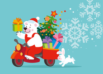 Merry Christmas and happy new year greeting card with cute polar bear in Santa Claus costume riding  motorcycle. Winter cartoon character. Vector holiday flat illustration