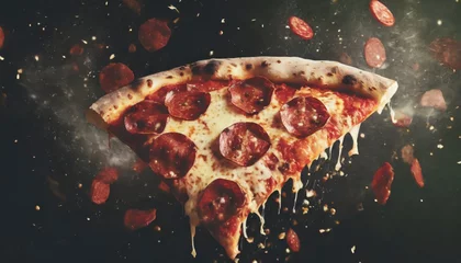 Foto op Plexiglas Delicious tasty slice of pepperoni pizza flying on black background © Marko