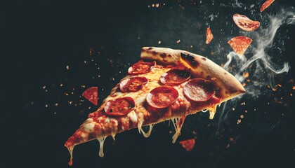 Delicious tasty slice of pepperoni pizza flying on black background