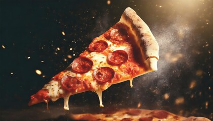 Delicious tasty slice of pepperoni pizza flying on black background - obrazy, fototapety, plakaty