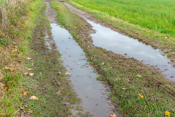 Fototapeta na wymiar puddles on a dirt road,Running water filled on dirt road