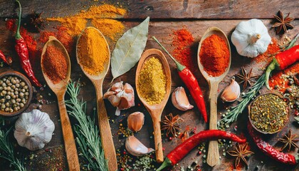 Top view on mixed dry colorful spices in wooden spoons on rustic table - obrazy, fototapety, plakaty