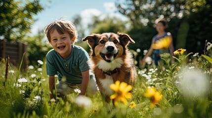 dog puppy and autistic children play together - obrazy, fototapety, plakaty