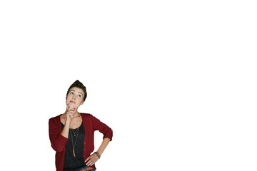 Woman, face and thinking in decision, choice or question isolated on a transparent PNG background. Female person or model in wonder, contemplating or picking for idea, problem solving or solution