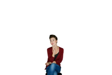 Thinking, idea woman brainstorming questions on isolated, transparent and png background. Why, face and female model planning, solution or problem solving with emoji guess, memory or forgot gesture