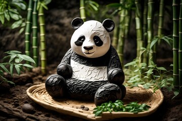 A panda siting in forest (everything made with clay)