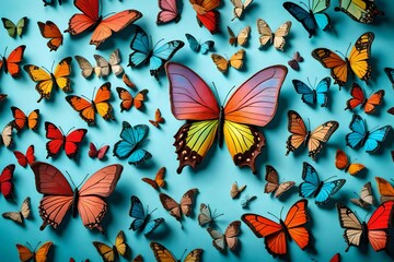 Beautiful butterflies of different colors and different size on light blue floor 