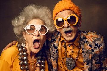 Crazy and cool old couple wearing funky outfit and sunglasses - obrazy, fototapety, plakaty