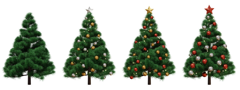 3D Rendering of Christmas pine trees . unadorned and decorated. Set of 4. For holiday celebration, web banner, advertising. 