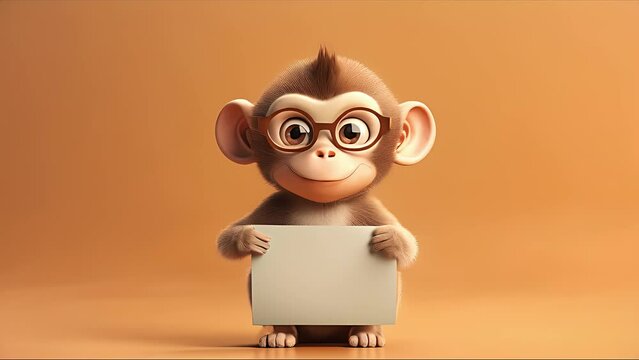 Cute happy cartoon monkey holding a blank sign. Created with Generative AI.	
