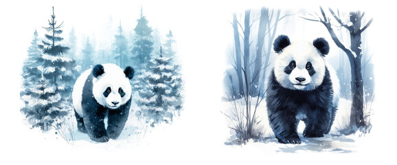 Watercolor portrait of panda. Winter snow and forest landscape. AI generated - 686051729