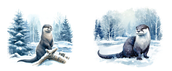 Watercolor portrait of otter. Winter snow and forest landscape. AI generated - 686051730