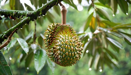 Small fresh durian on the tree, export quality, As the first durian fruit