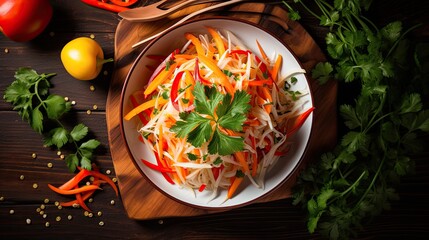 food phtography style, of thai food Papaya salad with raw material