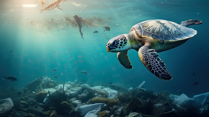 Obraz na płótnie Canvas A lifelike snapshot of a sea turtle navigating through a polluted dirty plastic seascape