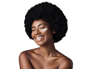 Black woman, cream and smile with skincare, cosmetics and dermatology isolated on a transparent...