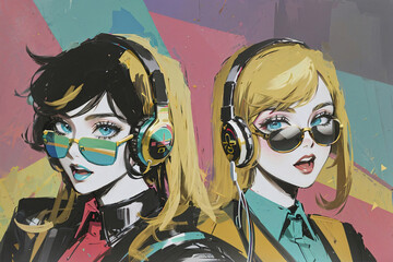 Pop art retro style pretty two blonde young woman and a black hair man wearing headphones and sunglasses on vibrant retro background