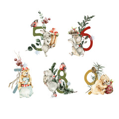 Watercolor cute christmas woodland alphabet. Hand painted letters, numbers with winter floral, forest animals. Winter font with rabbit, bear, deer, squirrel, fern. Nursery, kids illustration for print