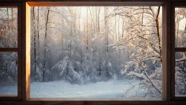 Silhouette of a wooden window overlooking the winter forest. Beautiful winter landscape with snow falling at Christmas. Seamless looping video background animation. Generated with AI