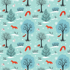seamless pattern winter in the forest and wild animals
