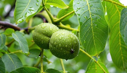 Green walnut on a branch with fresh leaves