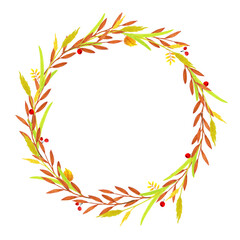 round wreath of autumn leaves and herbs on a white background
