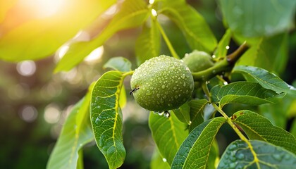 Green walnut on a branch with fresh leaves
