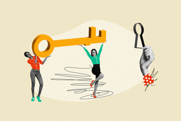 Poster collage image of happy smiling people hold huge key opening lock isolated on drawing background