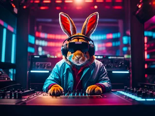Deurstickers A rabbit character, working a DJ booth © Meeza