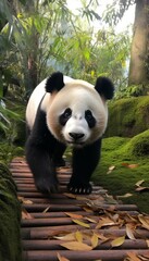 An inquisitive Giant panda exploring its enclosure in a well-maintained conservation center