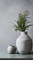 Two ceramic vases with spruce branches standing on the table. Minimalist Scandi Christmas decor