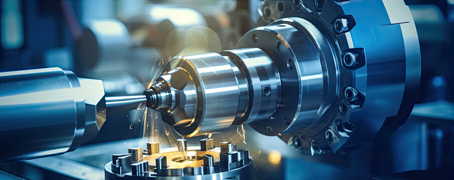 Metal cutting or cnc technology and precision machining. metal factory with drilling cnc machines.  banner