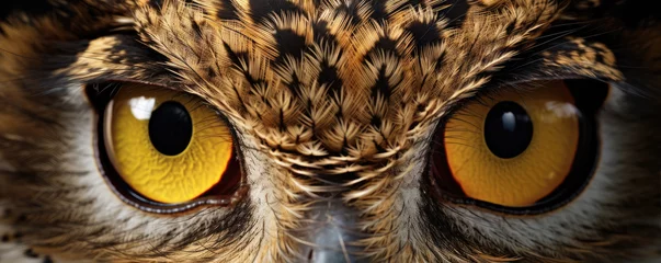 Zelfklevend Fotobehang Owl eyes detial. Predator bird look close up. © Alena