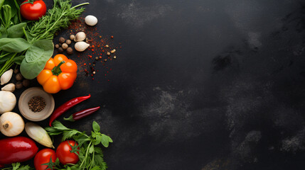 Food background on black stone table