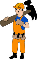 Construction. A builder in a hard hat with a hammer on his shoulder. Tools on the belt. Cartoon. Illustration on a transparent background. Vector