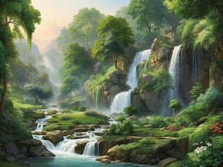 The beautiful scenery of trees with waterfall