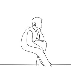 man sits hunched over leaning his elbow on his knee - one line art vector. concept bad posture, boredom, procrastination, laziness