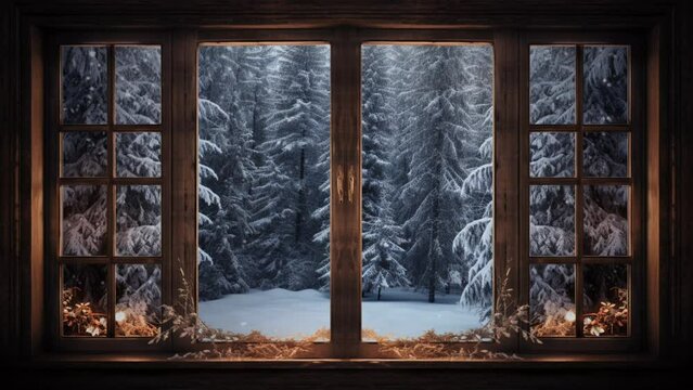 Silhouette of a wooden window overlooking the winter forest. Beautiful winter landscape with snow falling at Christmas. Seamless looping video background animation. Generated with AI