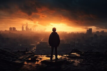 Young adult  standing in cityscape skyscrapers sunset nature 