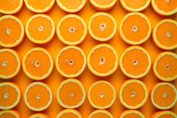 Orange fruits on orange background. Aerial view photo of oranges cut in half. Juicy oranges in top view. Close up orange slices. Orange flavour advertisement and promotion concept.